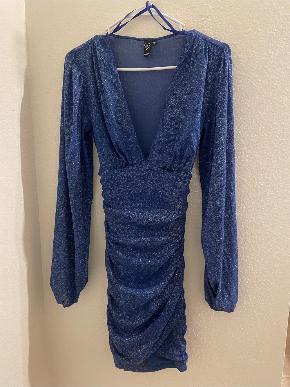 Windsor Deep Blue Sparkle Ruched V-Neck Long Sleeve Dress